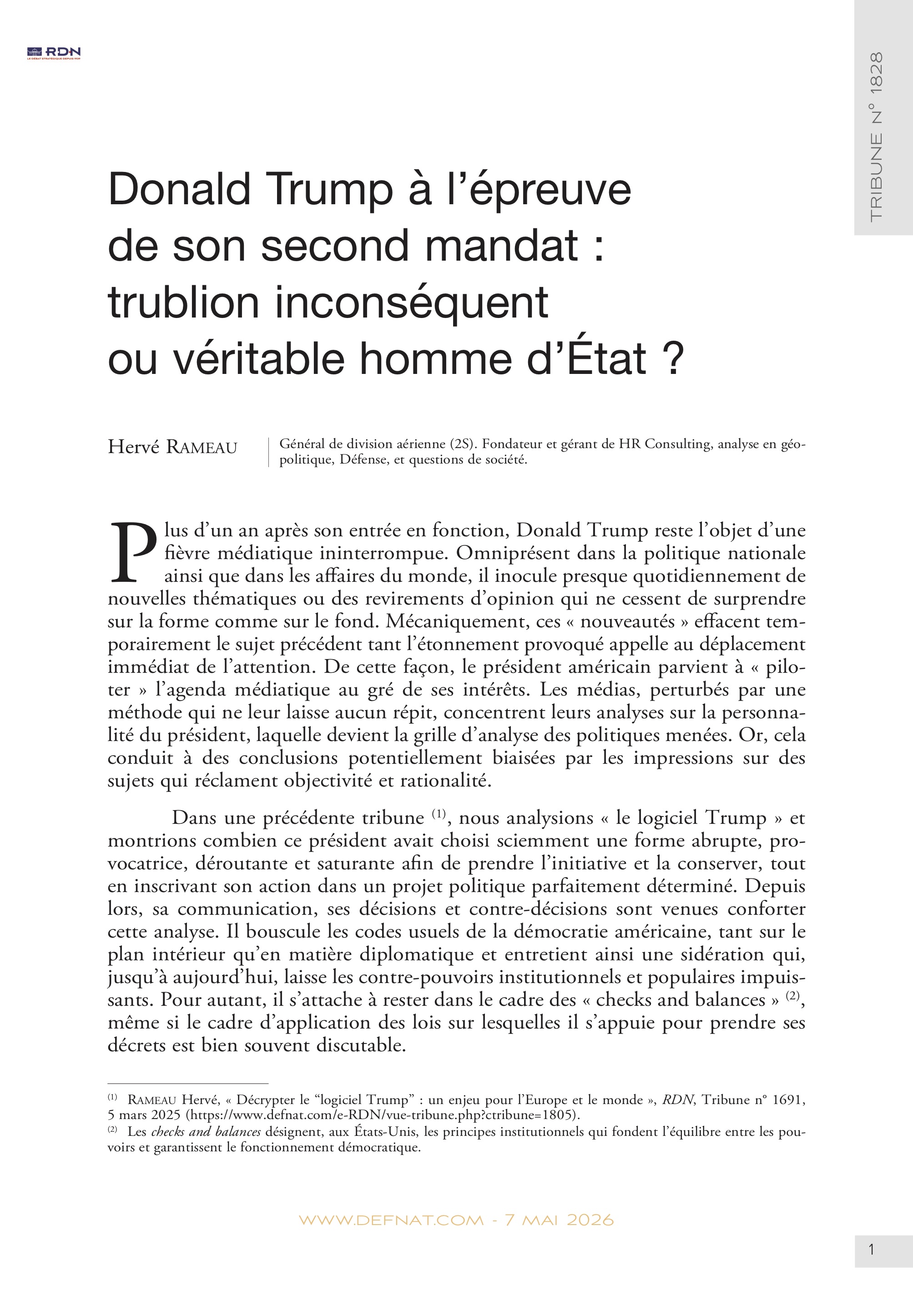Donald Trump &agrave;&nbsp;l&rsquo;&eacute;preuve de&nbsp;son&nbsp;second&nbsp;mandat&nbsp;: trublion&nbsp;incons&eacute;quent ou&nbsp;v&eacute;ritable&nbsp;homme&nbsp;d&rsquo;&Eacute;tat&nbsp;? (T&nbsp;1828)
